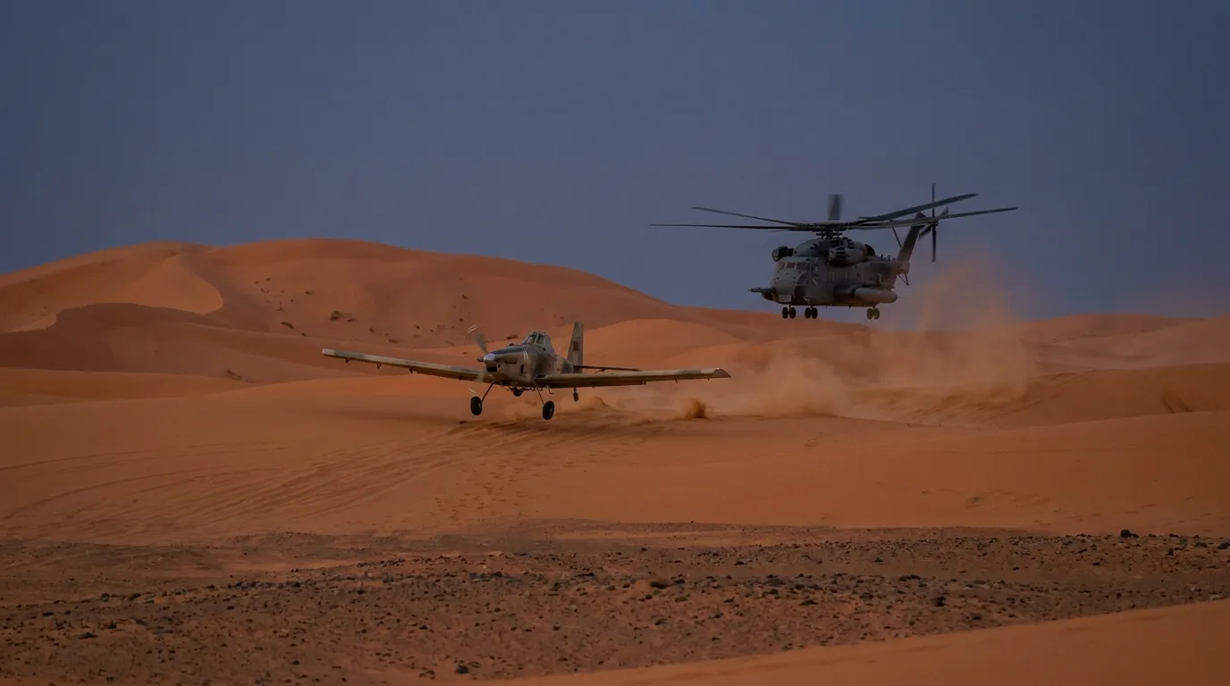 Avion suivi par un hélicoptère militaire au-dessus des dunes